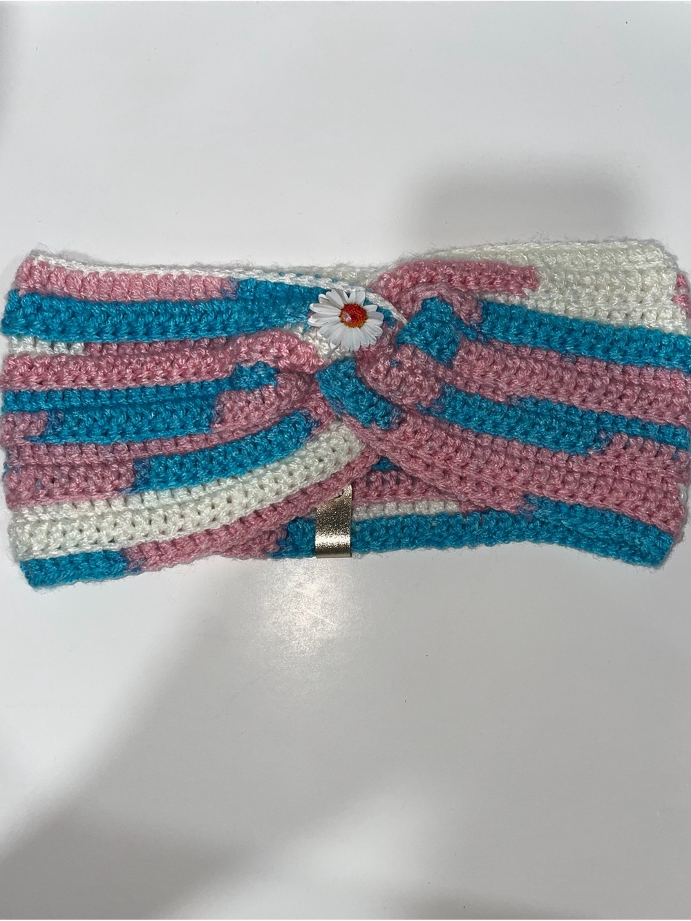 Hand Crafted Pink, Blue & White Crochet Daisy Twist Headband
